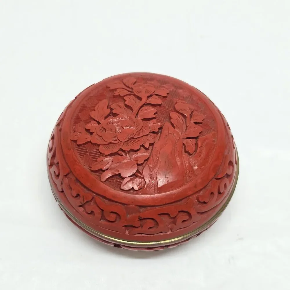 Vintage Chinese Carved Cinnabar Lacquer Trinket Box Floral Blue Enamel Interior